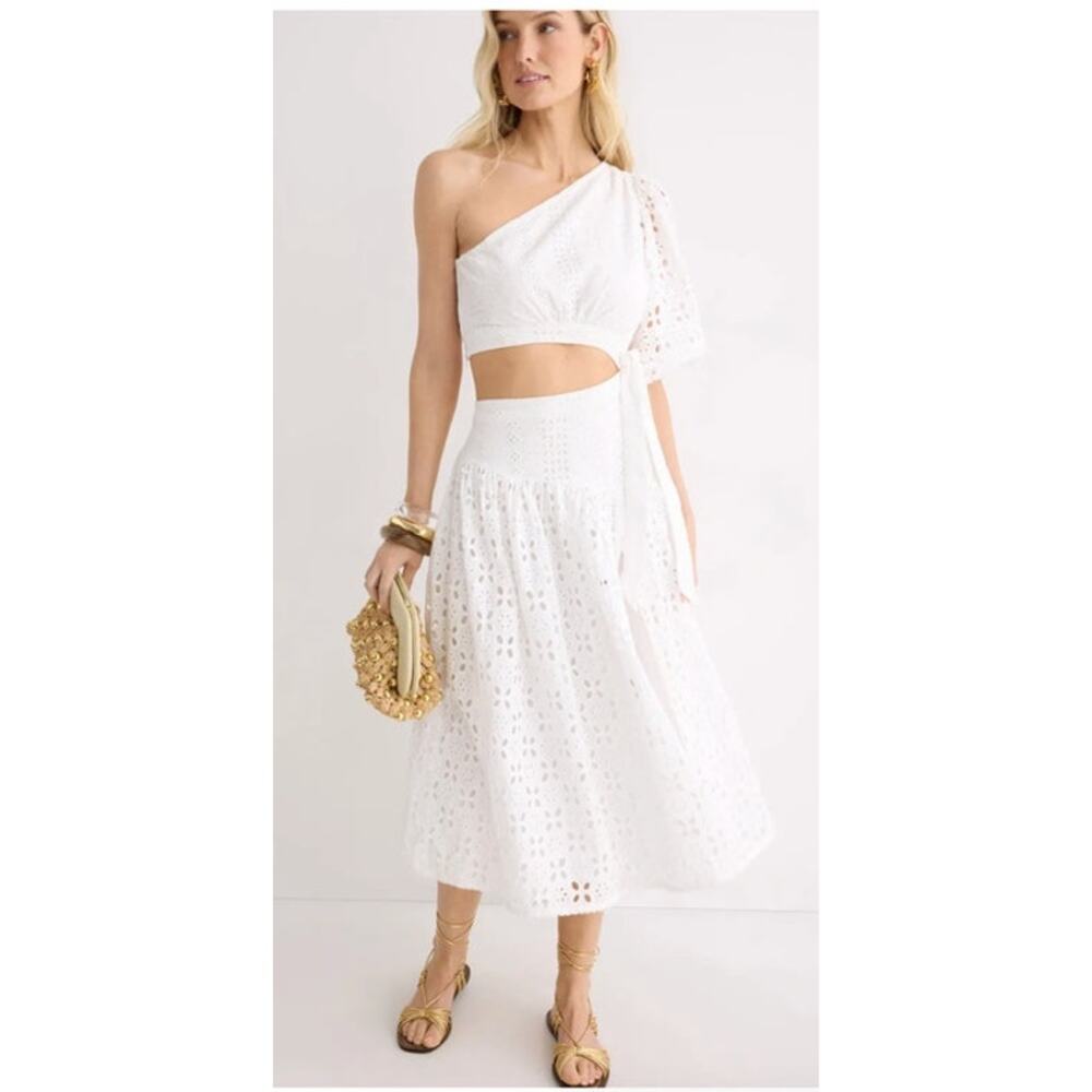 Poupette St. Barth Chantal Dress Eyelet Lace One Shoulder Puff Sleeve White S